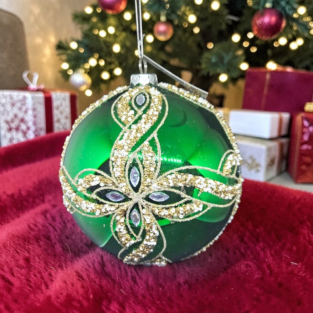 6” Emerald Green Jeweled Christmas Ornament Gold Beaded Luxe Decor - Picture 3 of 8